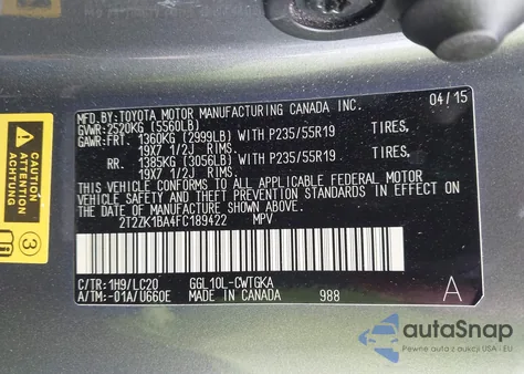 2015 Lexus Rx 350 z USA, uszkodzony, nr VIN 2T2ZK1BA4FC189422